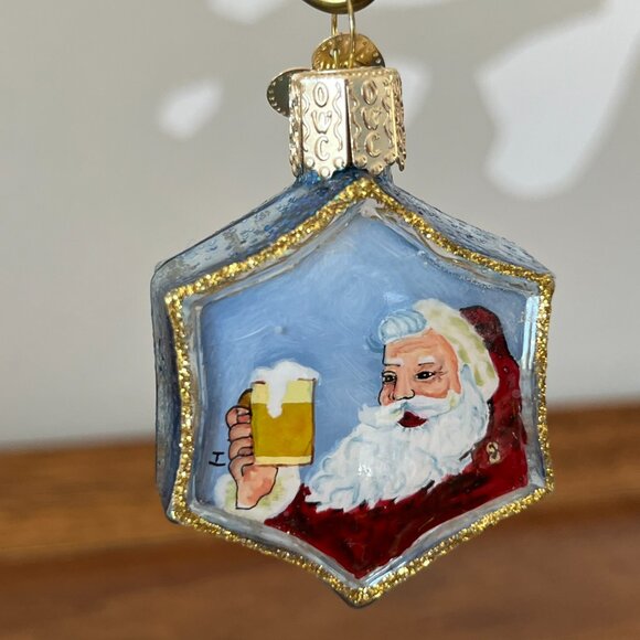Merck Old World Christmas Santa Claus w/ Beer Inside Art Ornament 2001 Snowflake - Picture 1 of 8